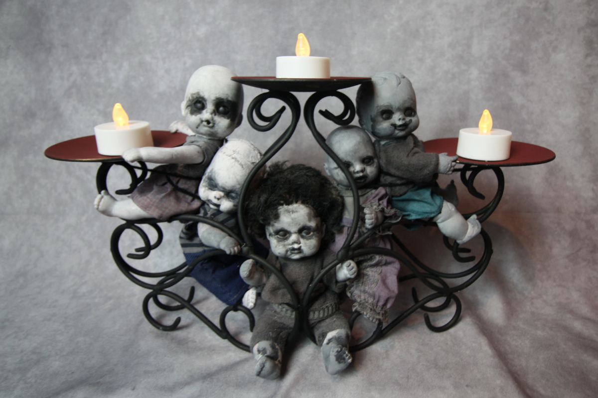 Creepy Dolls Candle Holder | Haunted Doll | Halloween Doll | The Cursed Chorus GrimlyGala #47 – 15 x 8 inches